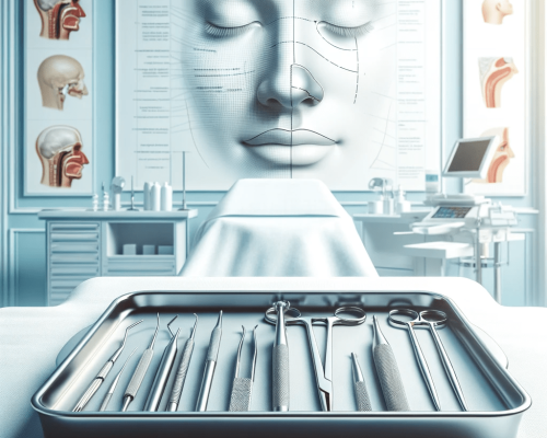 DALL·E 2023-12-23 02.38.54 - A professional, serene medical setting focused on rhinoplasty, featuring an array of surgical tools neatly arranged on a tray. The environment is pris-min